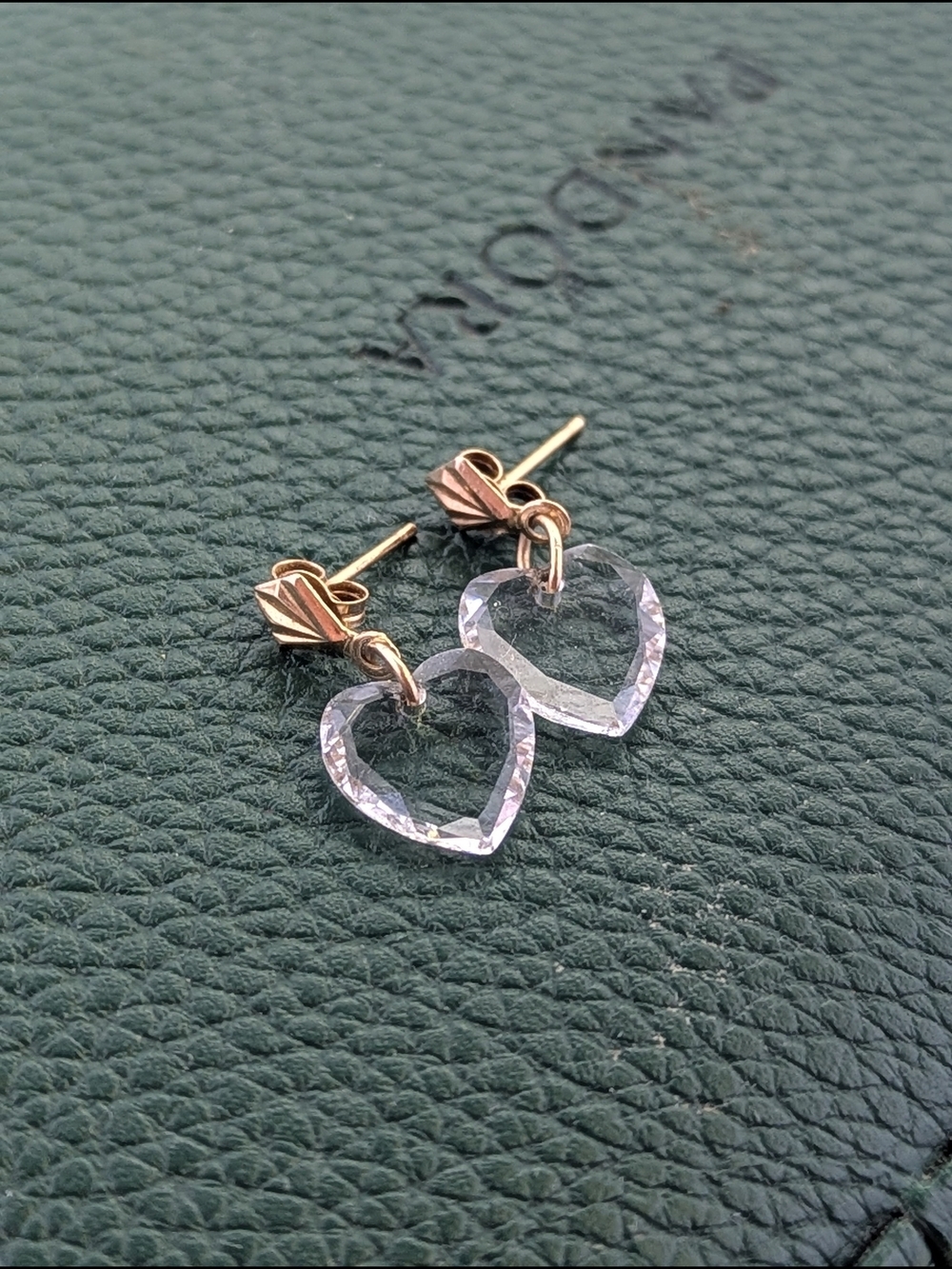 ✨ Vintage 10k Gold Heart Dangle Earrings Clear Faceted Glass/Crystal ✨